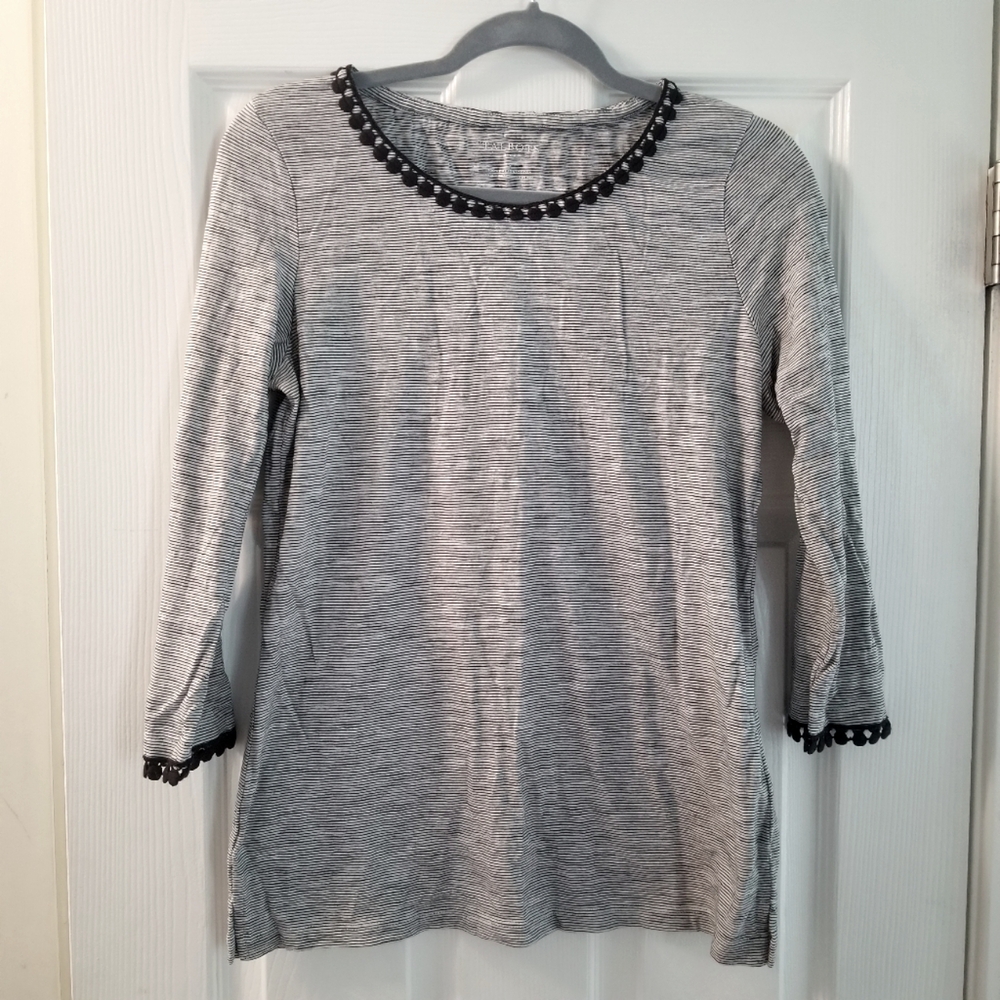 Talbots Black & White Pinstripe 3/4 Sleeve Decorative Trim Neckline Top S